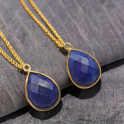 Genuine Solid 925 Sterling Silver 18k Gold Plated Natural Lapis Lazuli 12x16mm Pear Drop Checker Cut Bezel Setting Connectors