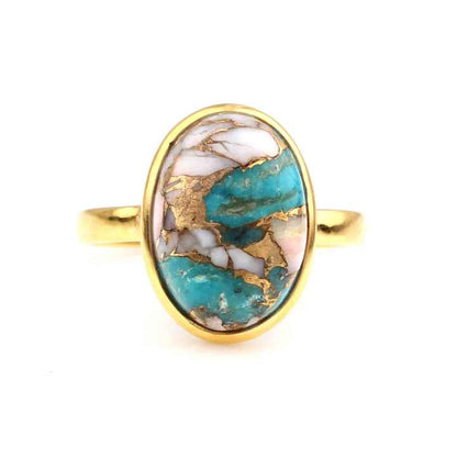 Top Selling 10x14mm Mohave Turquoise Pink Opal Copper Gemstone Bezel 18k Gold Plated Sterling Silver Dainty Oval Ring for Women