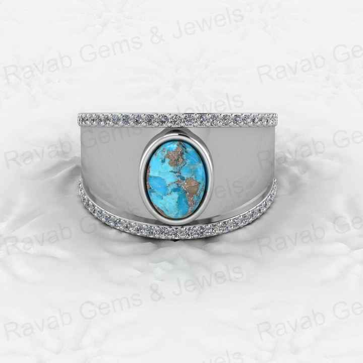 Top Selling Boho Style Women's Fine Ring Handmade 925 Silver Vermeil Natural Pyrite Turquoise Gemstone Cabochon CZ Eternity Oval