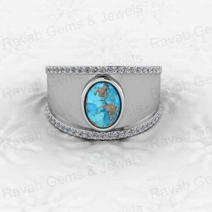 Top Selling Boho Style Women's Fine Ring Handmade 925 Silver Vermeil Natural Pyrite Turquoise Gemstone Cabochon CZ Eternity Oval