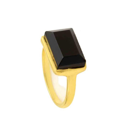 Beautiful 8x16mm Natural Black Onyx Gemstone Bezel 18k Gold Plated Sterling Silver Dainty Rectangle Octagon Cut Ring for Women
