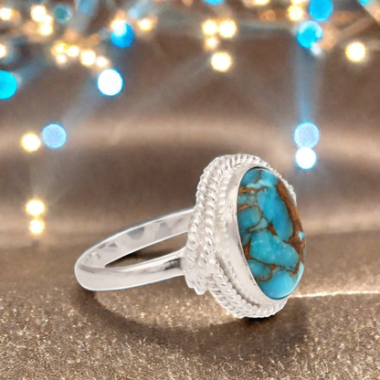 Hot Selling Top Quality Kingman Blue Copper Turquoise Gemstone Genuine 925 Sterling Silver Oval 10x14mm Designer Ring for Women