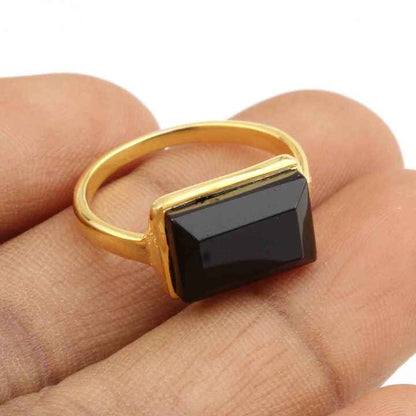 Beautiful 8x16mm Natural Black Onyx Gemstone Bezel 18k Gold Plated Sterling Silver Dainty Rectangle Octagon Cut Ring for Women