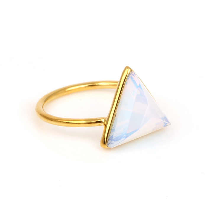 Beautiful 12mm Opalite Hydro Quartz Gemstone Bezel Sterling Silver 18k Gold Plated Triangle Shape Thin Band Ring Women Jewelry