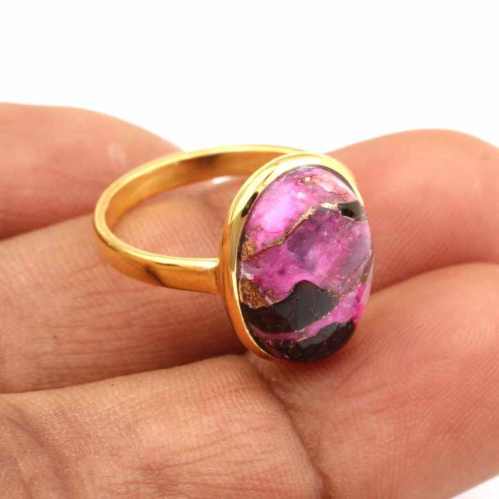 Beautiful Design 12x16mm Natural Mohave Pink Black Copper Turquoise Stone Bezel 18k Gold Plated Silver Dainty Oval Ring for Her