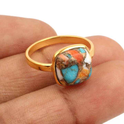 Handmade 12mm Mohave Spiny Oyster Copper Turquoise Gemstone Vermeil Eternity 925 Silver Bezel Boho Ring Fine Jewelry for Women