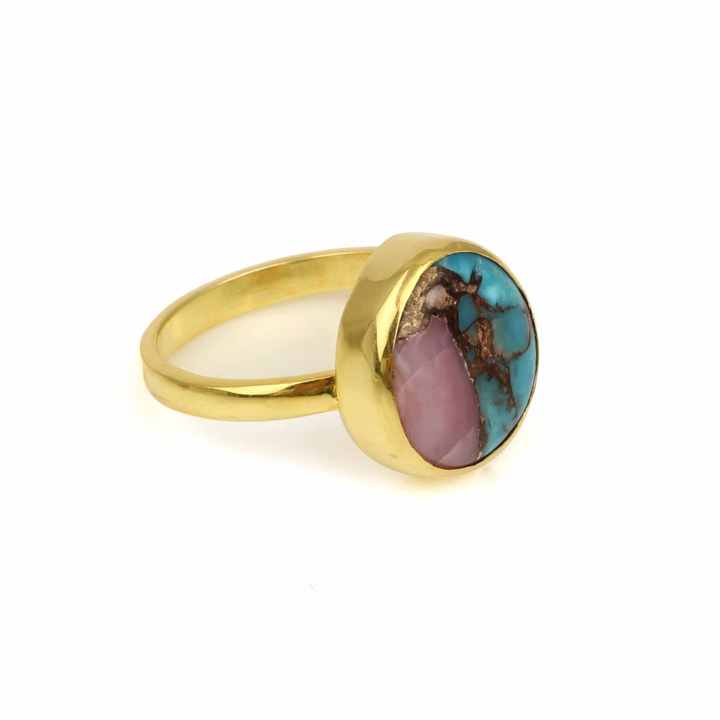Best Selling Mohave Pink Opal Copper Turquoise Stone Genuine 925 Silver 12mm Round Shape Band Dainty Ring for Women Fine Jewelry