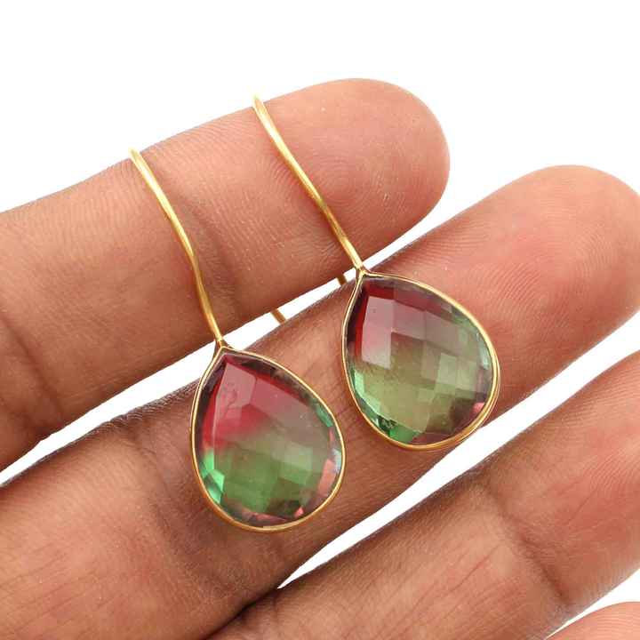 Latest Women Fashion Bi Tourmaline Gemstone Indian Jewelry Earrings Handmade 925 Sterling Silver 18k Gold Plated Dangle Earrings