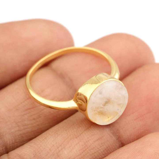 Best Selling 18K Gold Plated Handmade Solid 925 Sterling Silver 12mm Round Shape Ring With Rainbow Moonstone Bezel Set for Women