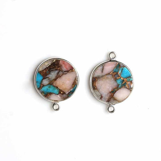 12mm Round Coin Pink Opal Copper Turquoise Composite Gemstone Bezel Silver Charms Connector Pendant for Necklace & Bracelet