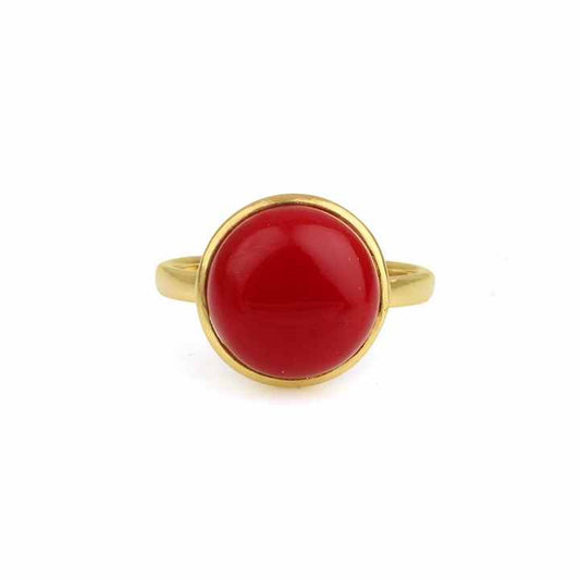 Hot Selling 12mm Synthetic Red Coral Gemstone Bezel Setting 18k Gold Plated Sterling Silver Dainty Round Shape Ring for Women