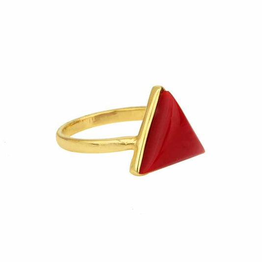 Best Selling Wholesale 12mm Synthetic Red Coral Gemstone Bezel Set 18k Gold Plated 925 Silver Dainty Triangle Ring for Women