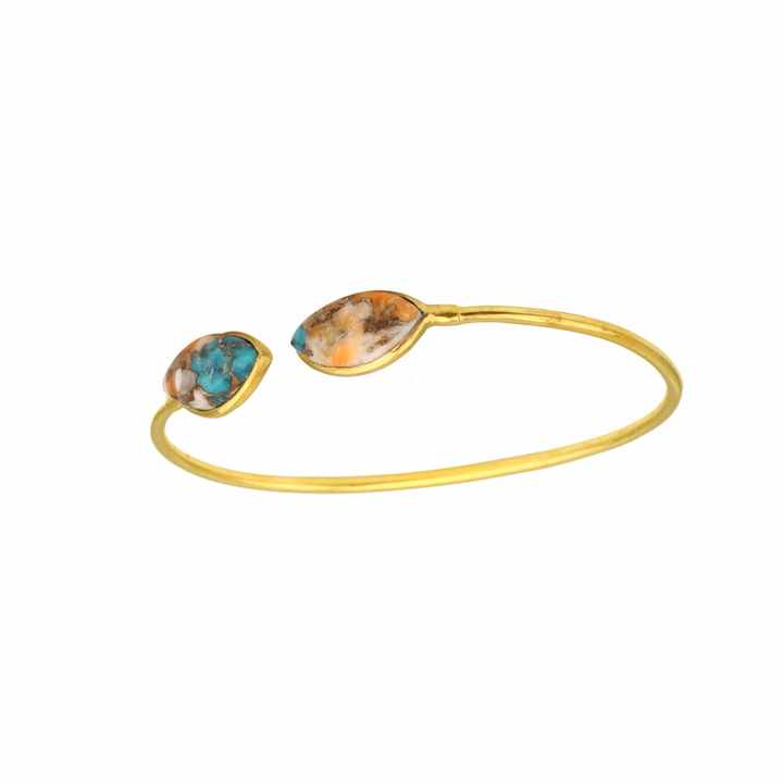 Solid 925 Sterling Silver Mohave Spiny Oyster Copper Turquoise Gemstone Bezel 18k Gold Plated Cuff Adjustable Bangle for Women