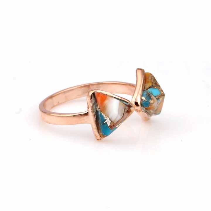 New Arrival 8mm Natural Spiny Oyster Copper Turquoise Rose Gold Plated 925 Sterling Silver Bow Tie Ribbon Adjustable Ring Her