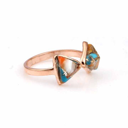 New Arrival 8mm Natural Spiny Oyster Copper Turquoise Rose Gold Plated 925 Sterling Silver Bow Tie Ribbon Adjustable Ring Her