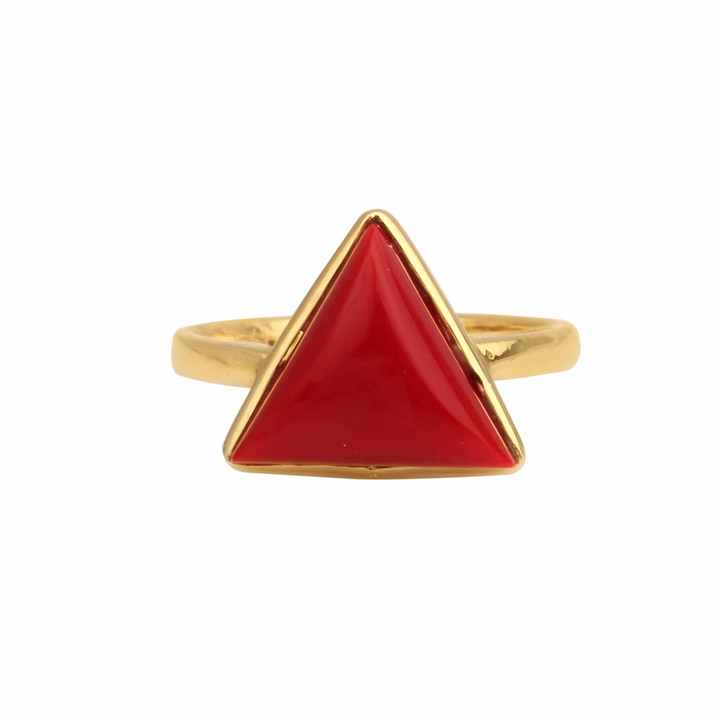 Best Selling Wholesale 12mm Synthetic Red Coral Gemstone Bezel Set 18k Gold Plated 925 Silver Dainty Triangle Ring for Women