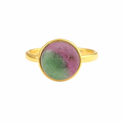 Superb 10mm Natural Ruby Zoisite Round Cabochon Bezel 18K Gold Plated 925 Silver Minimalist Fine Jewelry Dainty Ring for Women