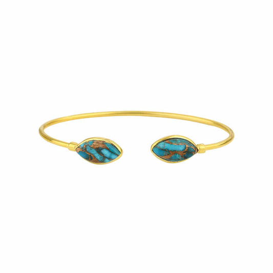 Beautiful 8x16mm Natural Blue Copper Turquoise Gemstone 18k Gold Plated Sterling Silver Dainty Adjustable Cuff Bangle for Women