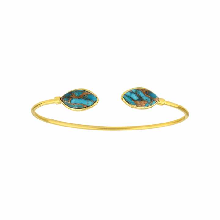 Beautiful 8x16mm Natural Blue Copper Turquoise Gemstone 18k Gold Plated Sterling Silver Dainty Adjustable Cuff Bangle for Women