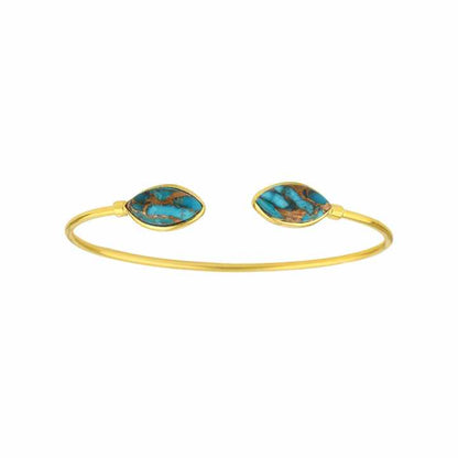 Beautiful 8x16mm Natural Blue Copper Turquoise Gemstone 18k Gold Plated Sterling Silver Dainty Adjustable Cuff Bangle for Women
