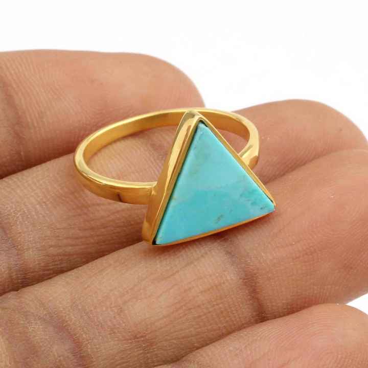 Triangle Shape Single Stone Ring Natural Arizona Turquoise Statement Ring Gemstone Jewelry 925 Sterling Silver Gold Plated Ring