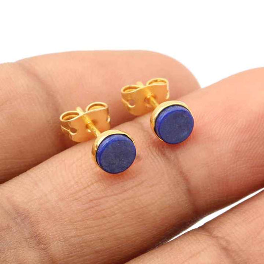 New Design 10mm Natural Lapis Lazuli Flat Gemstone Jewelry Gold Plated Silver Personalized Circle Cute Mini Stud Earrings for Mo