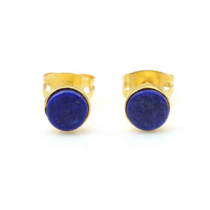 New Design 10mm Natural Lapis Lazuli Flat Gemstone Jewelry Gold Plated Silver Personalized Circle Cute Mini Stud Earrings for Mo