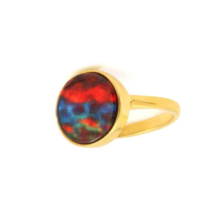 Superb Multi Fire 12mm Ammolite Quartz Gemstone Indian Jewelry Micron Gold Plated Round Solid 925 Silver Bezel Ring for Lady