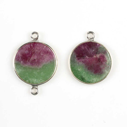 New Arrival 12mm Natural Ruby Zoisite Gemstone 925 Sterling Silver Geometric Round Coin Charm Connector for Pendant Necklace