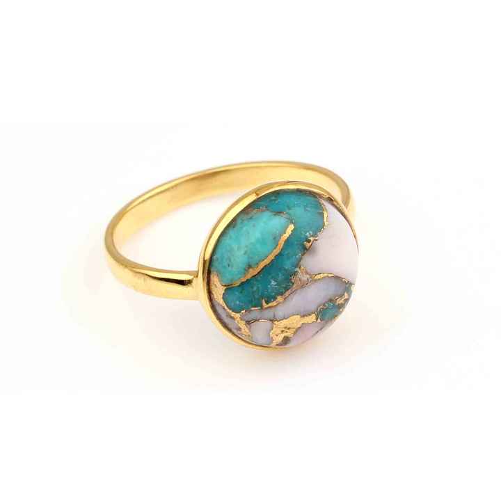 Hot Selling Beautiful Pink Opal Copper Turquoise Gemstone 18k Gold Plated Sterling Silver Dainty Boho 12mm Round Ring for Women