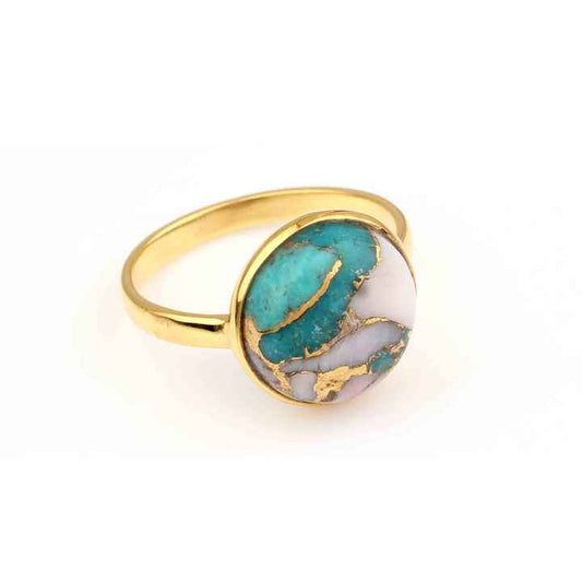 Hot Selling Beautiful Pink Opal Copper Turquoise Gemstone 18k Gold Plated Sterling Silver Dainty Boho 12mm Round Ring for Women