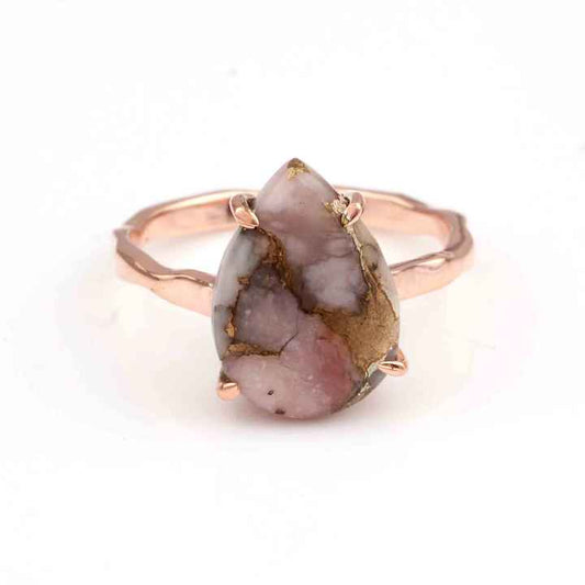 10x14mm Pink Opal Copper Composite Gemstone Prong Setting Jewelry Rose Gold Plated Silver Pear Shape Stylish Band Ring for Women