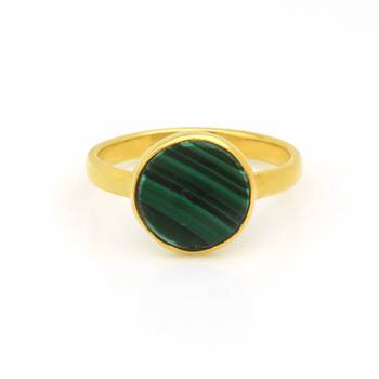 Top Selling 12mm Genuine Malachite Flat Gemstone Jewelry 18k Gold Plated Sterling Silver Handmade Beautiful Dainty Ring for Her