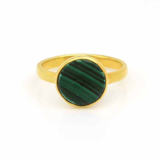 Beautiful 10mm Natural Green Malachite Flat Gemstone Women Jewelry 18k Gold Plated Sterling Silver Round Dainty Ring for Her