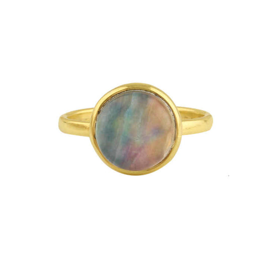 Abalone Shell Hydro Quartz Gemstone Bezel Jewelry Handmade 18k Gold Plated Sterling Silver Dainty Round Shape Ring for Her