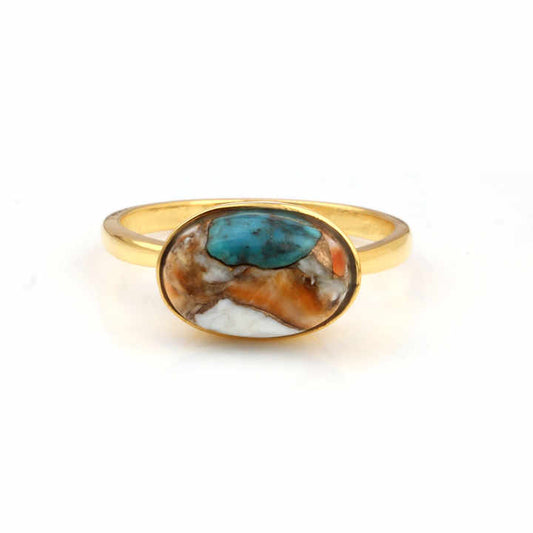 Best Selling 12x16mm Mohave Spiny Oyster Copper Turquoise Stone Jewelry 18k Gold Plated Silver Dainty Oval Shape Ring for He