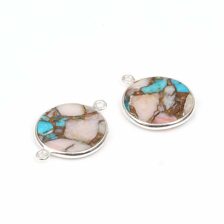 12mm Round Coin Pink Opal Copper Turquoise Composite Gemstone Bezel Silver Charms Connector Pendant for Necklace & Bracelet