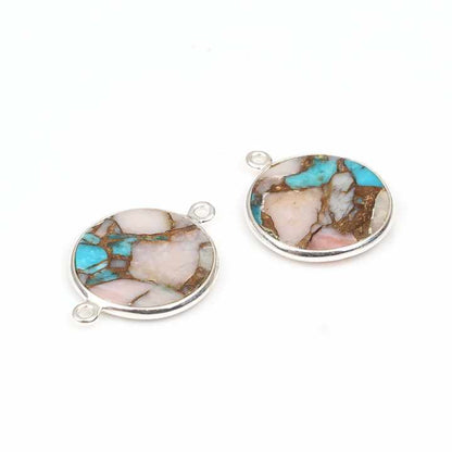 12mm Round Coin Pink Opal Copper Turquoise Composite Gemstone Bezel Silver Charms Connector Pendant for Necklace & Bracelet
