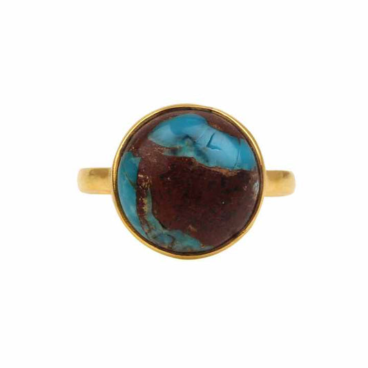Hot Selling New Design 12mm Natural Lava Copper Turquoise Gemstone 18k Gold Plated Sterling Silver Round Shape Ring for Women