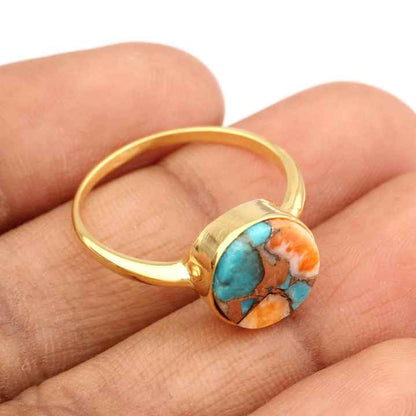 Natural Oyster Copper Turquoise Birthstone Ring Wholesale Gemstone Silver Jewelry 925 Sterling Silver Gold Plated Collet Ring