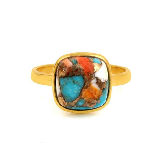 Handmade 12mm Mohave Spiny Oyster Copper Turquoise Gemstone Vermeil Eternity 925 Silver Bezel Boho Ring Fine Jewelry for Women
