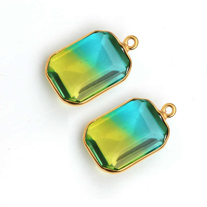 Beautiful High Polished Bio-Tourmaline Doublet Quartz Gemstone Gold Plated Sterling Silver Station Rectangle Charm for Pendant