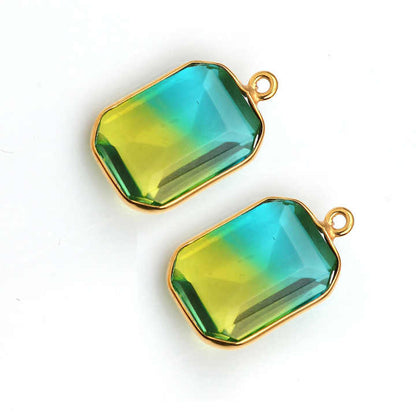 Beautiful High Polished Bio-Tourmaline Doublet Quartz Gemstone Gold Plated Sterling Silver Station Rectangle Charm for Pendant