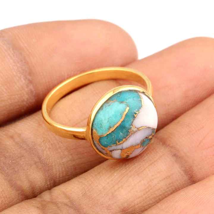 Hot Selling Beautiful Pink Opal Copper Turquoise Gemstone 18k Gold Plated Sterling Silver Dainty Boho 12mm Round Ring for Women