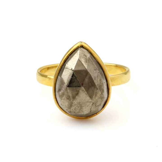 Top Selling High Polish 12x16mm Natural Fool Gold Pyrite Gemstone Solid 925 Sterling Silver Bezel Ring for Women