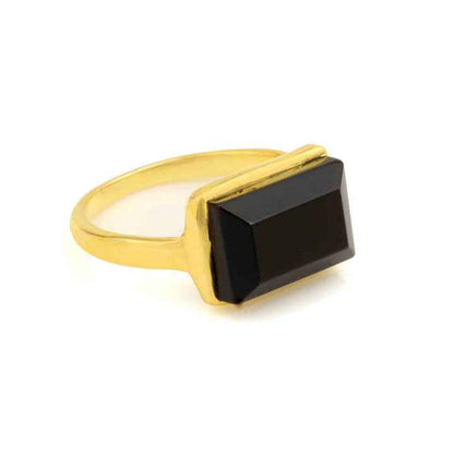 Beautiful 8x16mm Natural Black Onyx Gemstone Bezel 18k Gold Plated Sterling Silver Dainty Rectangle Octagon Cut Ring for Women