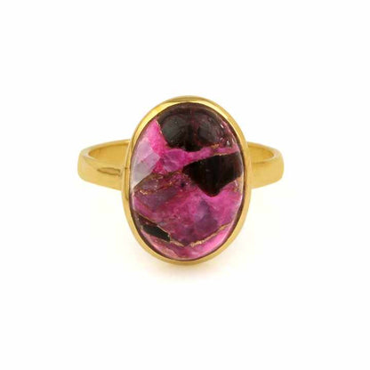 Beautiful Design 12x16mm Natural Mohave Pink Black Copper Turquoise Stone Bezel 18k Gold Plated Silver Dainty Oval Ring for Her