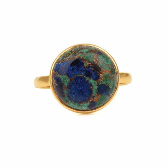 Top Quality 12mm Natural Azurite Copper Gemstone Prong Setting Jewelry 18k Gold Plated Genuine 925 Silver Dainty Ring for Her