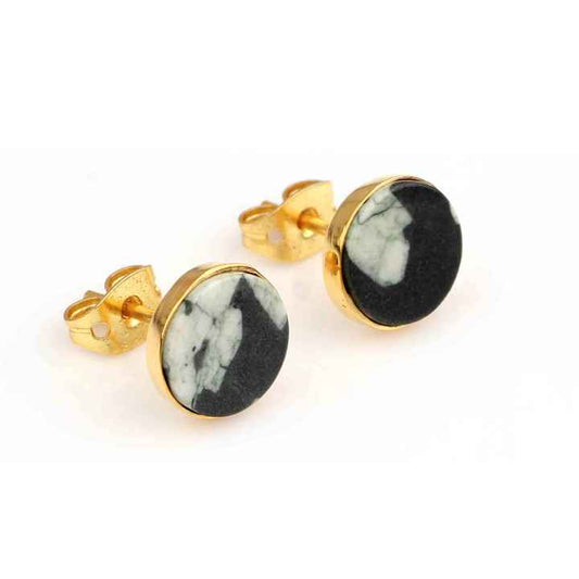 Top Quality 12mm Round Coin Natural Snowflake Obsidian Sterling Silver Gold Plated Daily Wear Minimalist Stud Earrings for Her