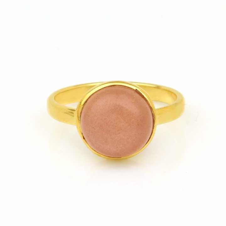 Best Selling New Design 10mm Natural Peach Moonstone Bezel 18k Gold Plated Sterling Silver Round Dainty Gemstone Ring for Women